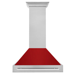 ZLINE 36" Satin Stainless Steel Wall Mount Range Hood with Red Gloss Shell and Stainless Steel Handle, 8654SNX-RG-36