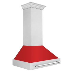 ZLINE 36" Satin Stainless Steel Wall Mount Range Hood with Red Matte Shell and Stainless Steel Handle, 8654SNX-RM-36