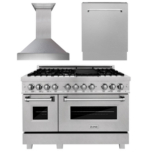 ZLINE 48 in. Kitchen Appliance Package with Satin Stainless Dual Fuel Range, Ducted Vent Range Hood and Tall Tub Dishwasher, 3KP-RASRH48-DWV