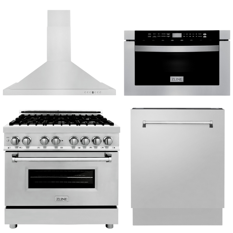 ZLINE Appliance Package - 36 inch Dual Fuel Range, Range Hood, Microwave Drawer, 3 Rack Dishwasher