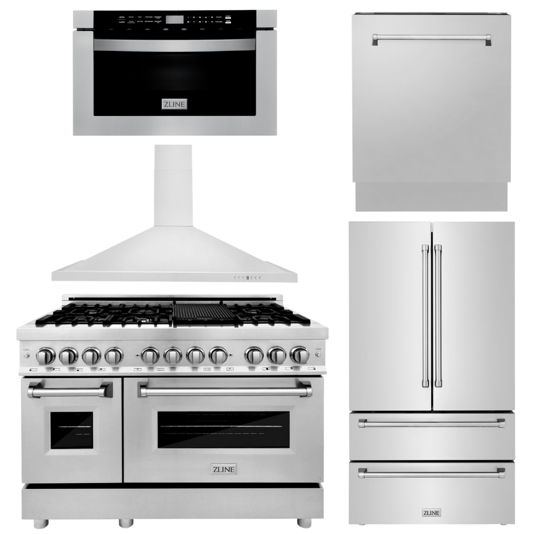 ZLINE Kitchen Package with Refrigeration 48 Stainless Steel Dual Fuel Range 48 Range Hood Microwave Drawer and 24 Tall Tub Dishwasher