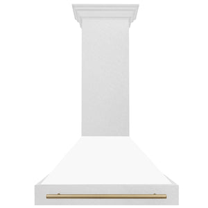 ZLINE Autograph 36" Satin Stainless Steel Wall Mount Range Hood with White Matte Shell and Champagne Bronze Handle, 8654SNZ-WM36-CB