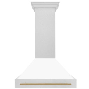 ZLINE Autograph 36" Satin Stainless Steel Wall Mount Range Hood with White Matte Shell and Polished Gold Handle, 8654SNZ-WM36-G