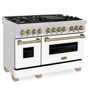 ZLINE Autograph Package - 48" Dual Fuel Range, Range Hood, and Dishwasher in White Matte and Satin Stainless Steel with Bronze Accents, 3AKPR-RASWMRHDWM48-CB