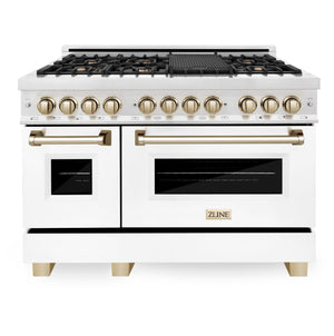 ZLINE Autograph Package - 48" Dual Fuel Range, Range Hood, and Dishwasher in White Matte and Satin Stainless Steel with Gold Accents, 3AKPR-RASWMRHDWM48-G