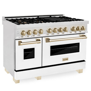 ZLINE Autograph Package - 48" Dual Fuel Range, Range Hood in Satin Stainless Steel, White Matte Finish, Gold Accents