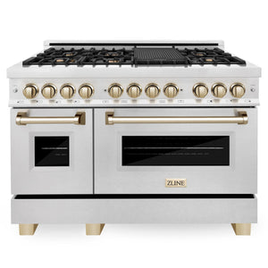 ZLINE Autograph Package - 48 In. Dual Fuel Range and Range Hood in Satin Stainless Steel with Gold Accents, 2AKPR-RASRH48-G
