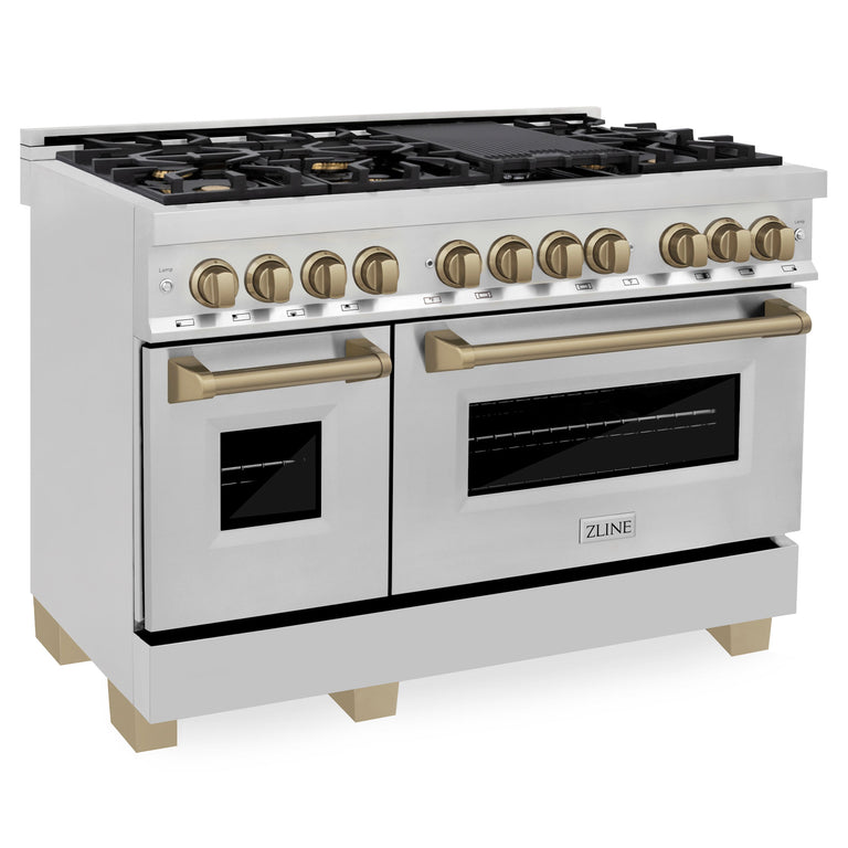 ZLINE Autograph 48 in. Range with Gas Burner, Electric Oven in Stainless Steel with Champagne Bronze Accents, RAZ-48-CB