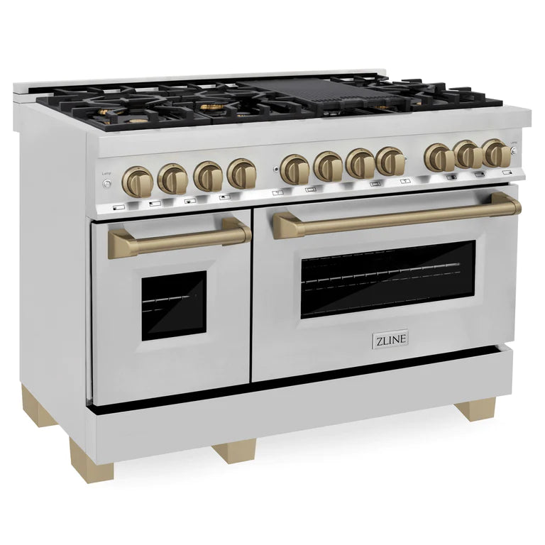 ZLINE Autograph Package - 48" Dual Fuel Range, Hood, Dishwasher, Refrigerator with Water and Ice Dispenser with Bronze Accents