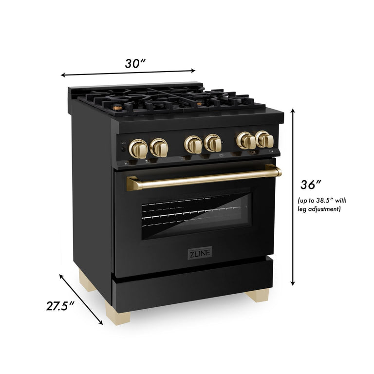 ZLINE Autograph Edition 30 In. 4.0 cu. ft. with Gas Stove and Electric Oven in Black Stainless Steel with Gold Accents, RABZ-30-G