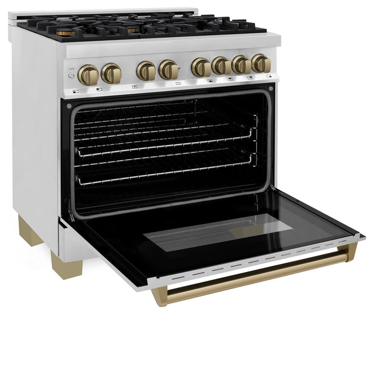 ZLINE Autograph Package - 36" Dual Fuel Range, Range Hood, Dishwasher, Refrigerator with Water and Ice Dispenser with Bronze Accents