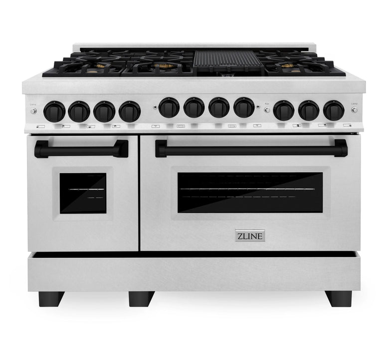 ZLINE Autograph Edition 48" 6.0 cu. ft. Gas Range in DuraSnow® Stainless Steel with Matte Black Accents, RGSZ-SN-48-MB