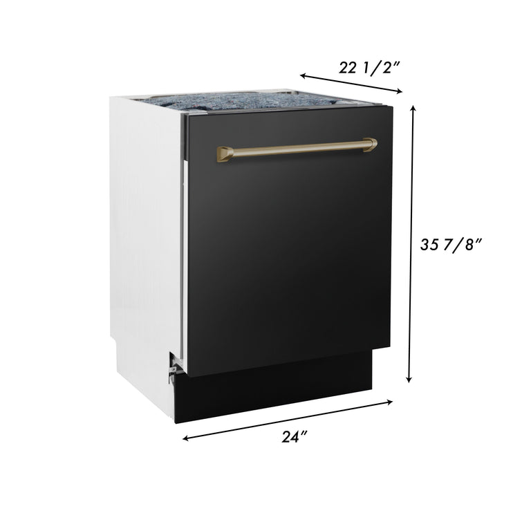 ZLINE Autograph Package - 48" Dual Fuel Range, Range Hood, Refrigerator, Dishwasher in Black Stainless with Bronze Accents