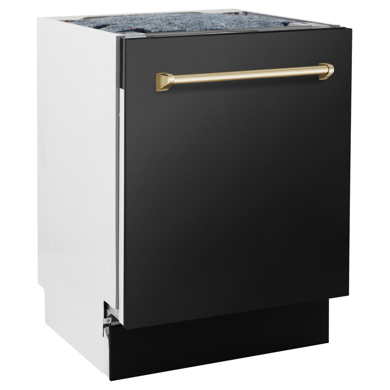 ZLINE Autograph Series 24 inch Tall Dishwasher in Black Stainless Steel with Gold Handle, DWVZ-BS-24-G