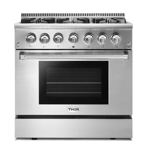 THOR Kitchen Package - 36" Dual Fuel Range, Range Hood, Microwave, Refrigerator with Water and Ice Dispenser, Dishwasher, AP-HRD3606U-13