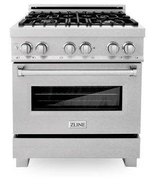 ZLINE 30 in. Kitchen Appliance Package with Satin Stainless Steel Stainless Dual Fuel Range, Ducted Vent Range Hood and Tall Tub Dishwasher, 3KP-RASRH30-DWV