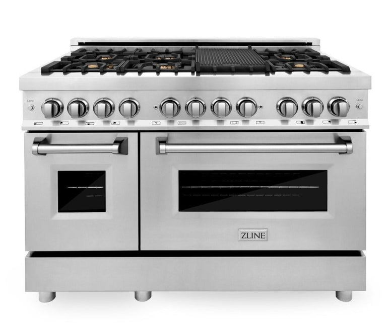 ZLINE 48 in. Professional Gas Burner, Electric Oven Range in Stainless Steel with Brass Burners