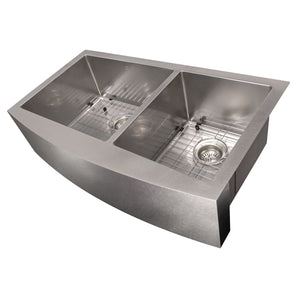ZLINE 36" Courchevel Farmhouse Apron Mount Double Bowl Satin Stainless Steel Kitchen Sink with Bottom Grid, SA60D-36S