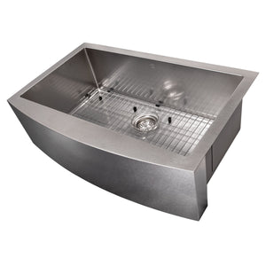 ZLINE 33" Vail Farmhouse Apron Mount Single Bowl Satin Stainless Steel Kitchen Sink with Bottom Grid, SAS-33S