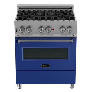 ZLINE 30" 4.0 cu. ft. Legacy Dual Fuel Range with 4 Burner Gas Cooktop and Electric Convection Oven in Satin Stainless Steel and Blue Matte Door, RAS-BM-30