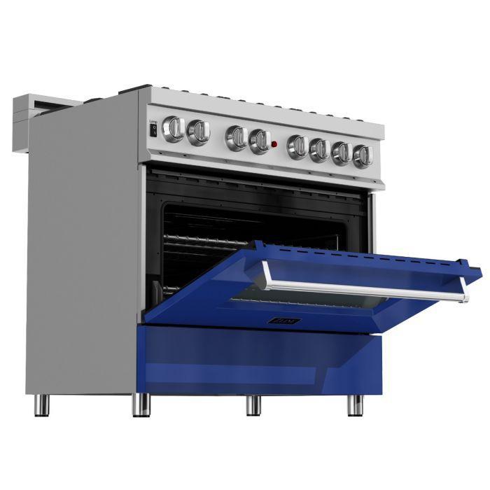 ZLINE 36 in. Professional Gas Burner/Electric Oven in DuraSnow® Stainless with Blue Gloss Door, RAS-BG-36