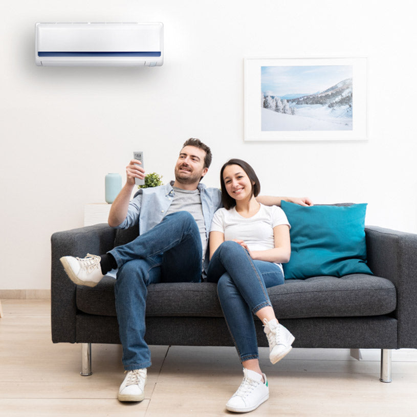 happy couple using an air conditioner