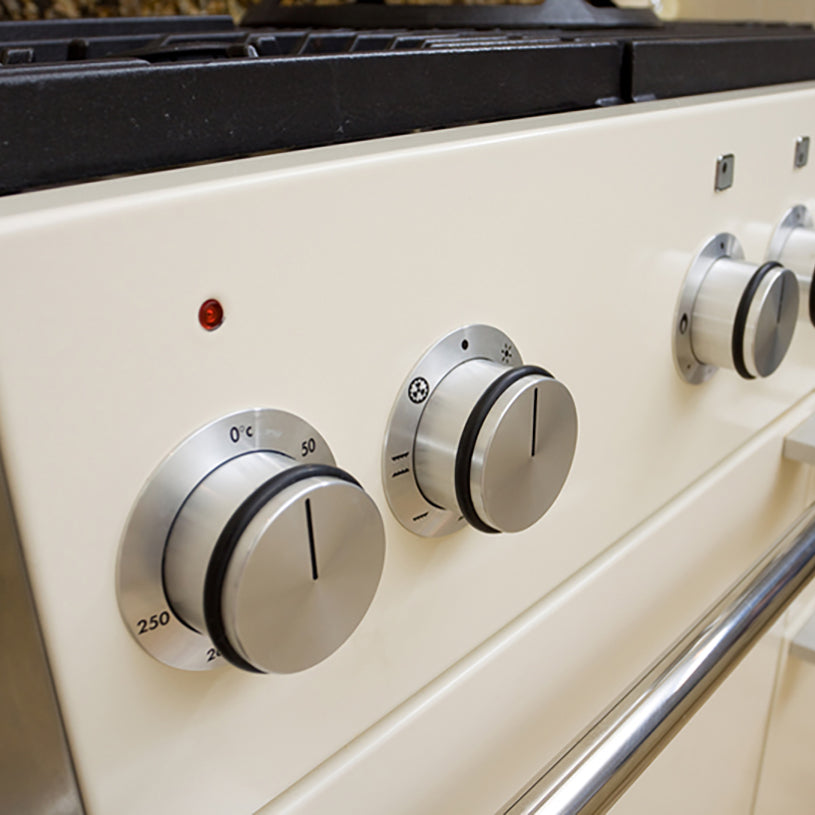 a close up of the front of a large range