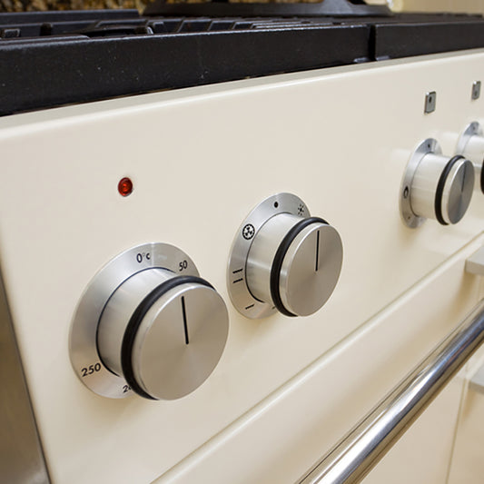 a close up of the front of a large range