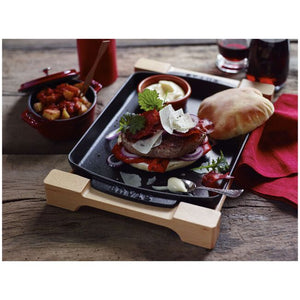 Staub Cast Iron 13-inch X 9-inch Rectangular Serving Dish with Wood Base -Black