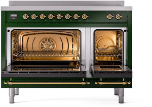 ILVE Nostalgie II 48" Induction Range with Element Stove and Electric Oven in Emerald Green with Brass Trim, UPI486NMPEGG