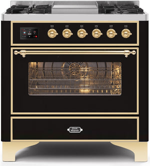 ILVE Majestic II 36" Dual Fuel Natural Gas Range in Glossy Black with Brass Trim, UM09FDNS3BKG