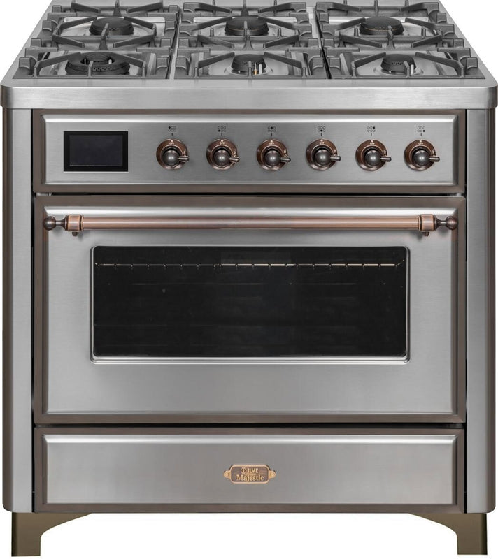 ILVE Majestic II 36" Dual Fuel Natural Gas Range in Stainless Steel with Bronze Trim, UM09FDNS3SSB