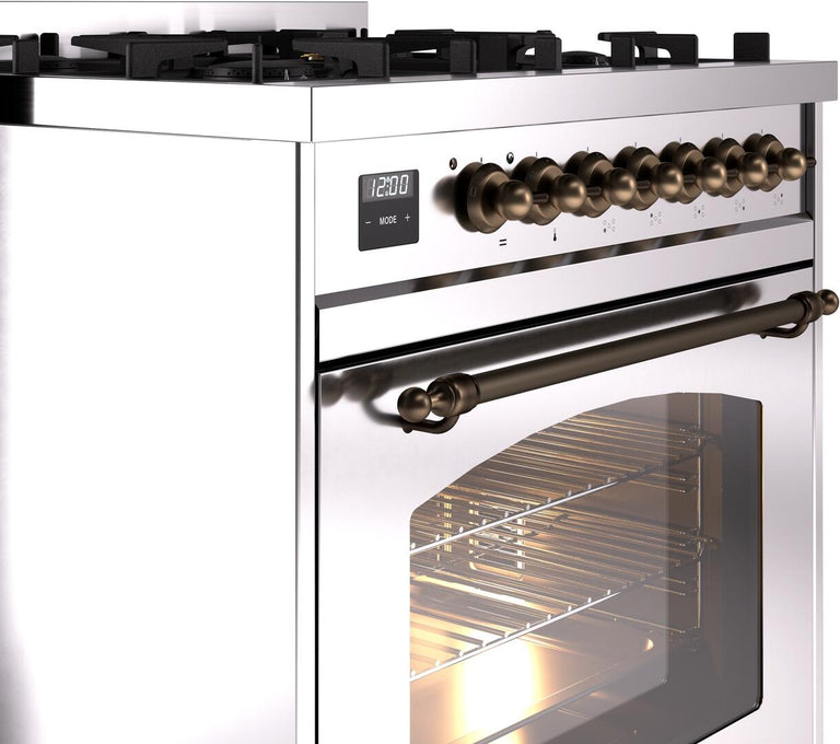 ILVE Nostalgie II 30" Dual Fuel Propane Gas Range in Stainless Steel with Bronze Trim, UP30NMPSSBLP