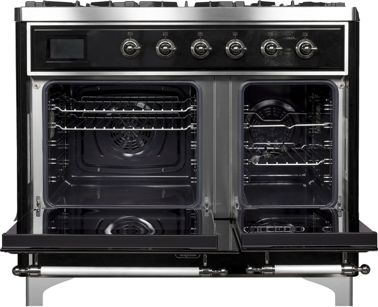 ILVE Majestic II 40" Dual Fuel Natural Gas Range in Glossy Black with Chrome Trim, UMD10FDNS3BKC