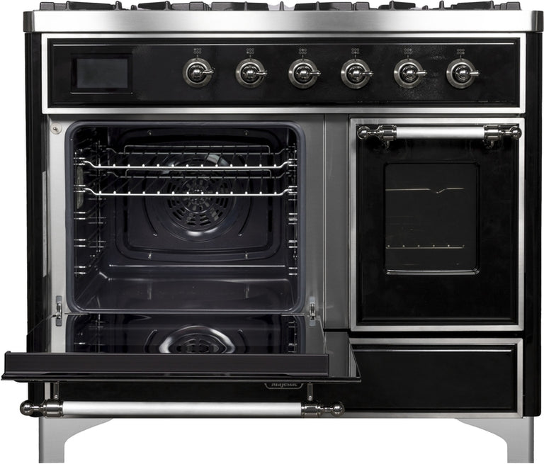 ILVE Majestic II 40" Dual Fuel Natural Gas Range in Glossy Black with Chrome Trim, UMD10FDNS3BKC