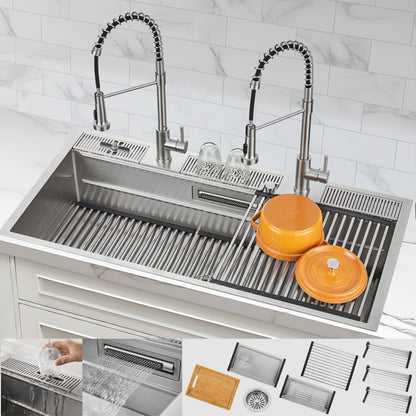 FORNO Acqua 45" Drop-In/Undermount 3 Level Workstation Sink, 2 Faucets, Glass Rinser in Stainless Steel, J-WP31