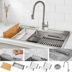 FORNO Acqua 33" Drop-In/Undermount 3 Level Workstation Sink, Waterfall Faucet, Glass Rinser in Stainless Steel, D-WP30