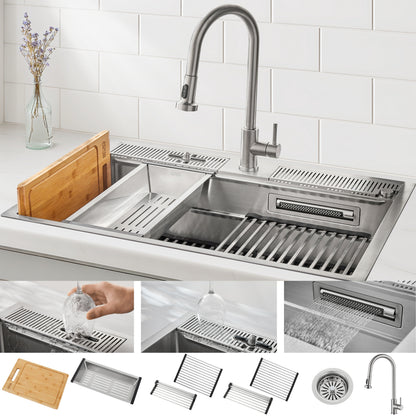 FORNO Acqua 33" Drop-In/Undermount 3 Level Workstation Sink, Waterfall Faucet, Glass Rinser in Stainless Steel, D-WP30