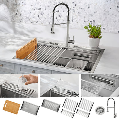 FORNO Acqua 33" Drop-In/Undermount 3 Level Workstation Sink, Chef Faucet, Glass Washing Station in Stainless Steel, D-WP31