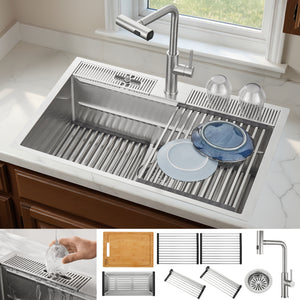 FORNO Acqua 33" Drop-In/Undermount 3 Level Workstation Sink, Waterfall Faucet, Glass Rinser in Stainless Steel, D-XP30
