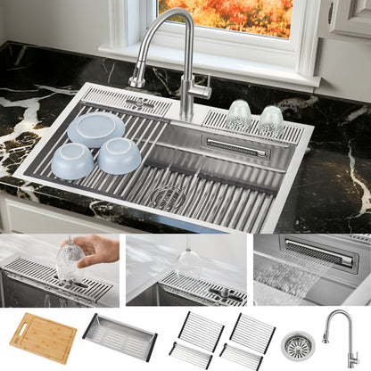 FORNO Acqua 33" Drop-In/Undermount 3 Level Workstation Sink, Retractable Faucet, Glass Rinser in Stainless Steel, D-XP31