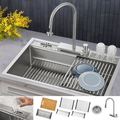 FORNO Acqua 33" Drop-In/Undermount 3 Level Workstation Sink, Waterfall Faucet, Glass Rinser in Stainless Steel, E-XP30