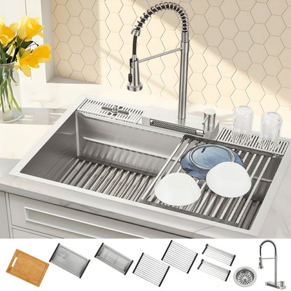 FORNO Acqua 33" Drop-In/Undermount 3 Level Workstation Sink, Waterfall Faucet, Glass Rinser in Stainless Steel, E-XP31