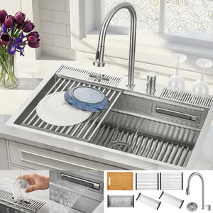 FORNO Acqua 33" Drop-In/Undermount 3 Level Workstation Sink, Waterfall Faucet, Glass Rinser in Stainless Steel, E-ZP30