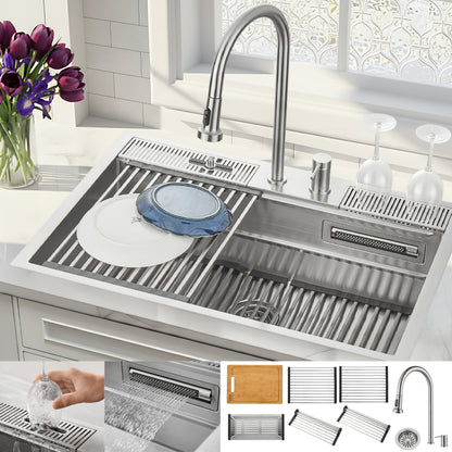 FORNO Acqua 33" Drop-In/Undermount 3 Level Workstation Sink, Waterfall Faucet, Glass Rinser in Stainless Steel, E-ZP30