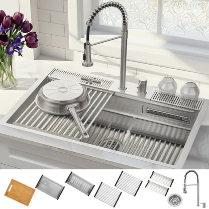 FORNO Acqua 33" Drop-In/Undermount 3 Level Workstation Sink, Waterfall Faucet, Glass Rinser in Stainless Steel, E-ZP31