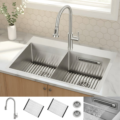 FORNO Acqua 33" Drop-In/Undermount 50/50 Double Bowl Sink, Waterfall Faucet in Stainless Steel, G-ZN30