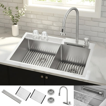 FORNO Acqua 33" Drop-In/Undermount 40/60 Double Bowl Sink, Retractable and Waterfall Faucet in Stainless Steel, H-XN30