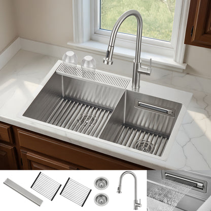 FORNO Acqua 33" Drop-In/Undermount 40/60 Double Bowl Sink, Retractable and Waterfall Faucet in Stainless Steel, H-ZN30