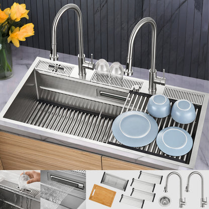 FORNO Acqua 48" Drop-In/Undermount 3 Level Workstation Sink, 2 Faucets, Glass Rinser in Stainless Steel, J-WP30